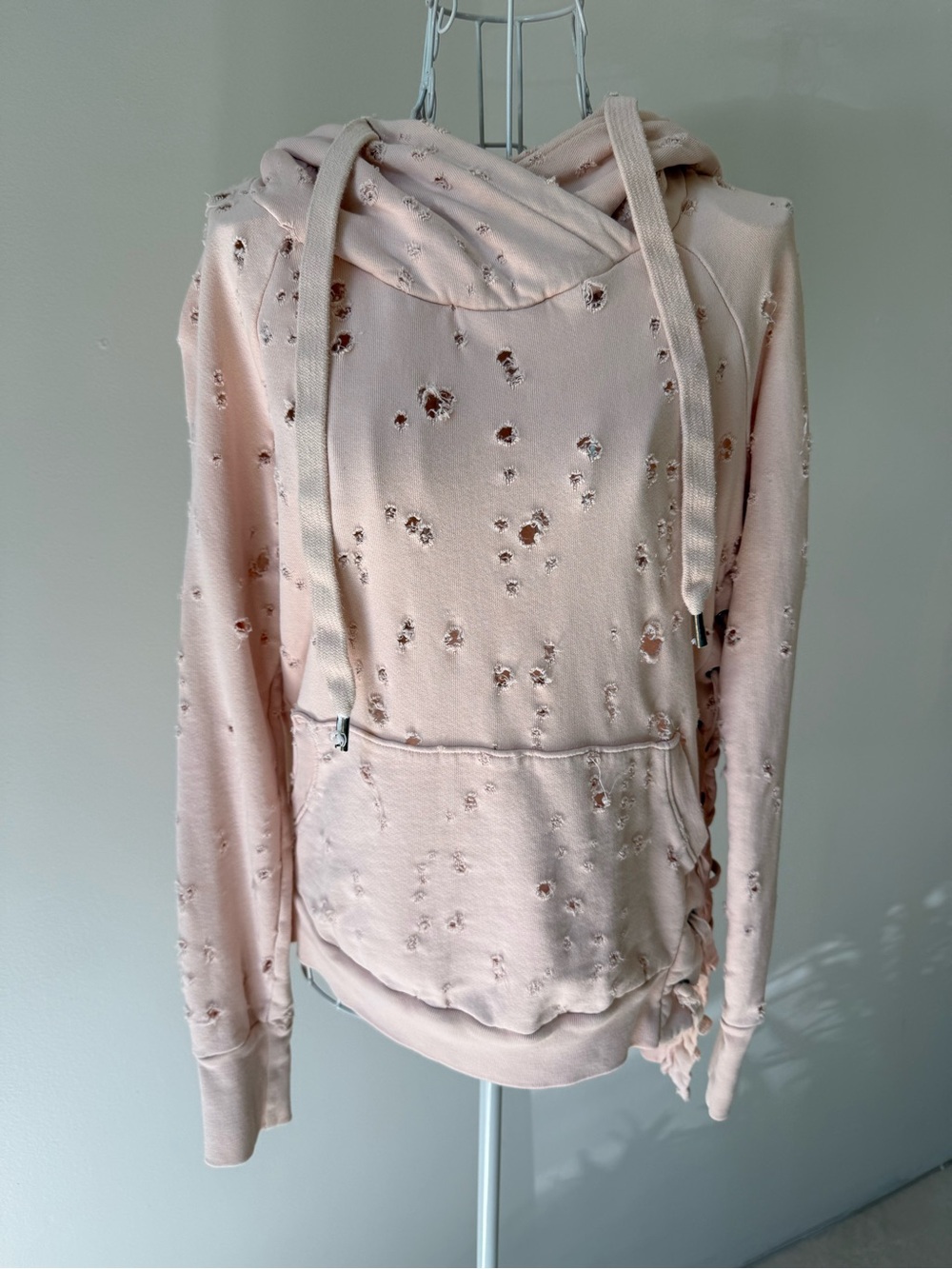 NSF Pink Distressed Destroyed Lace Up Side Hoodie Sweatshirt Size S USA